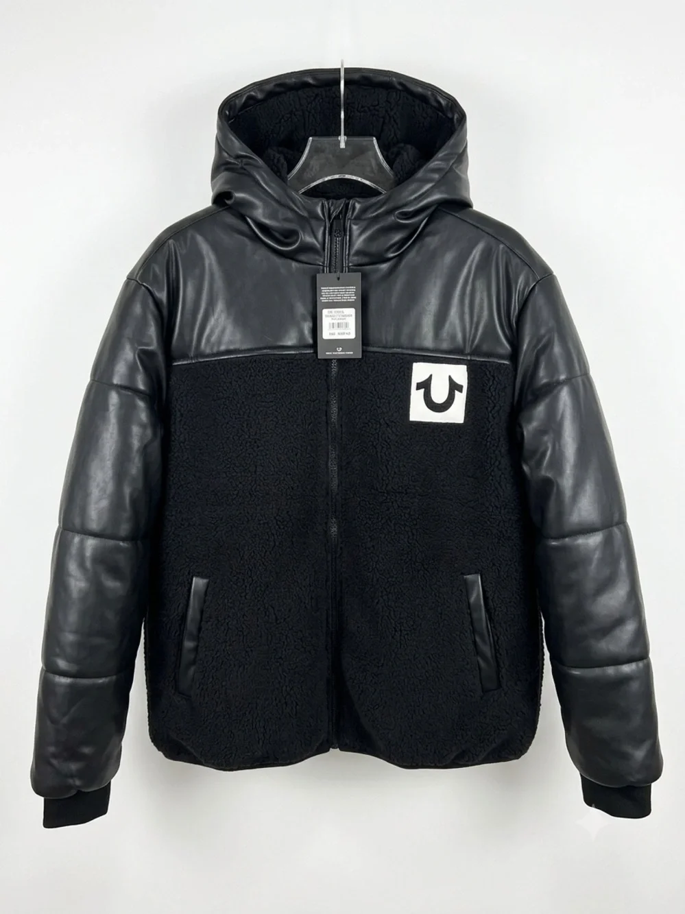 True Religion Mens Black Faux Leather & Sherpa Hooded Jacket